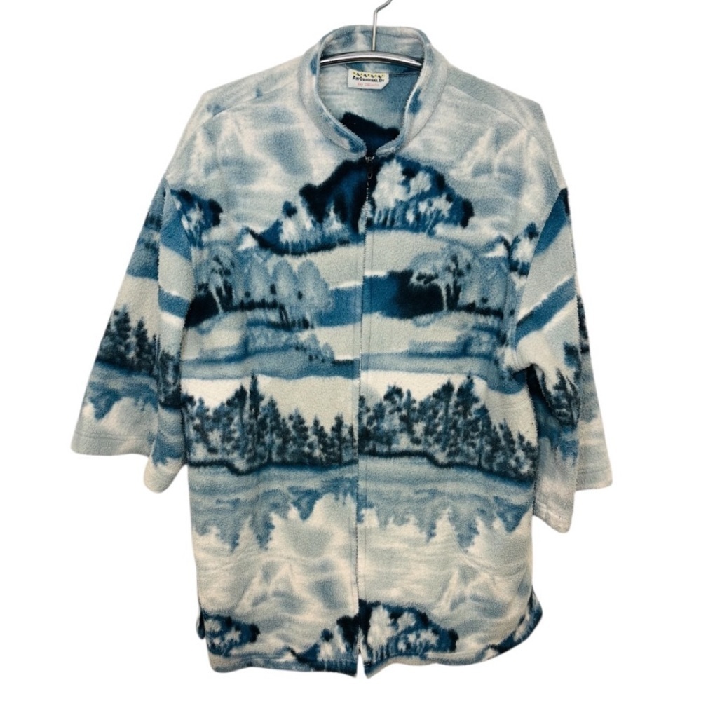 Vintage Scenic Mountains Blue and White Full Zip Fleece Jacket, Size XXL